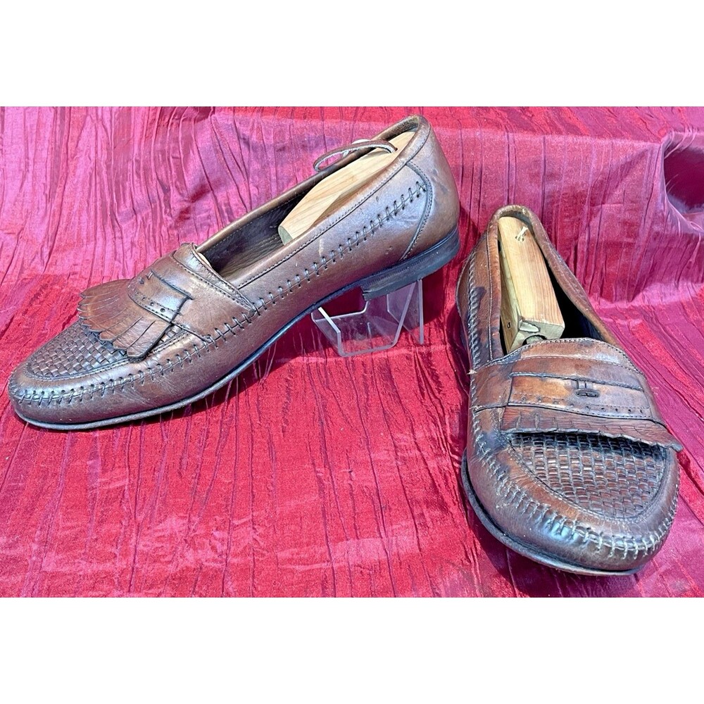 Mens Florsheim Brown Leather Woven Toe Kilt Slip On Loafers sz 11D